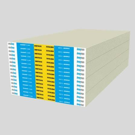 Shop-supplied image of stacked Knauf Sheetrock gypsum boards